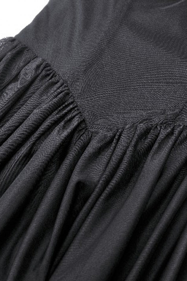 Black Off Shoulder Boat Neck Multi-Layered Long Trumpet Sleeves Lace Spliced Tulle Lace-Up Women's Gothic Fantasy Dress - Product - 14
