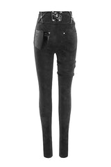 Black Punk Leather Loops Asymmetric Knitted Stretch Womens Pants - Product - 5