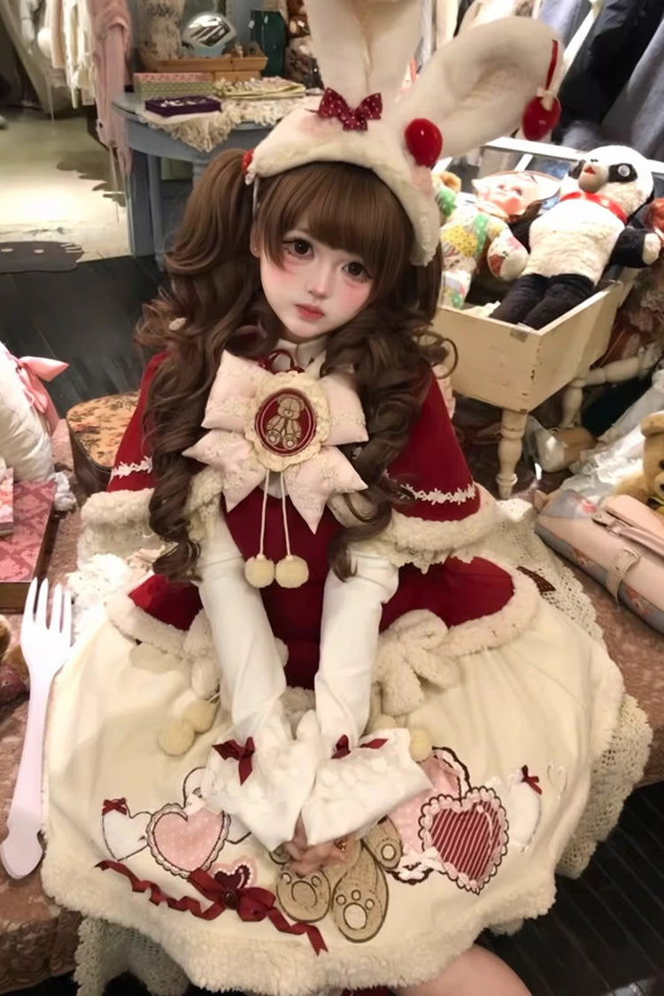 Red [New Year] Long Sleeves Embroidered Bow Lace Sweet Lolita Skirt and Rabbit Ears Cloak Set - Product - 8