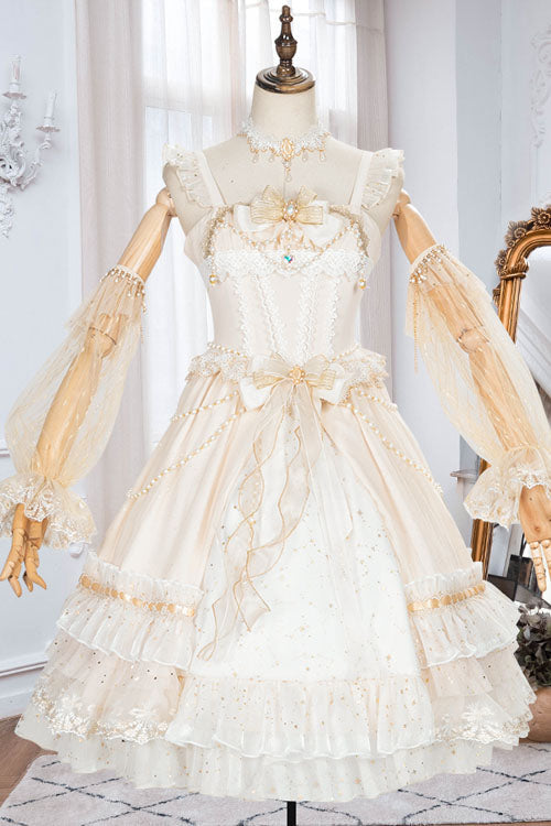 White Starry Night Square Collar Bowknot Multi-Layer Ruffled Cardigan Sweet Lolita JSK Dress - White - 1