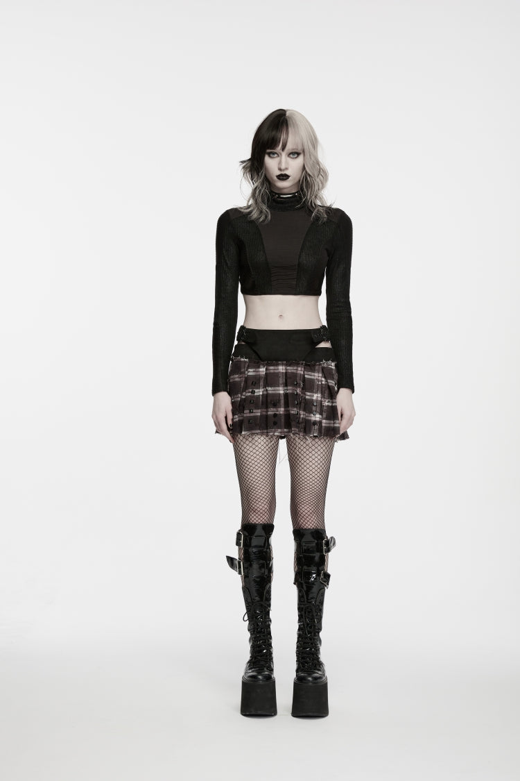 Red Patchwork Studded Pleated Women's Punk Preppy Style Skirt - Product - 2