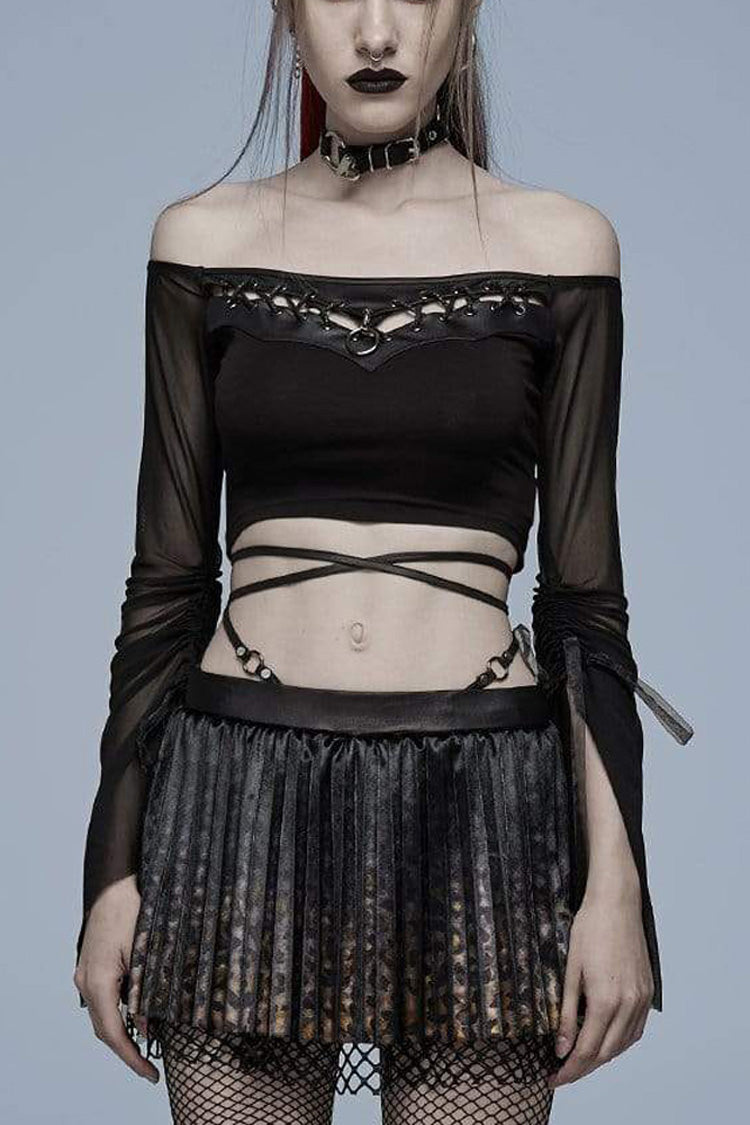 Black Gothic Elasticity Cotton Hollow Buttonhole Strap Design Slash Neck Women's T-Shirt - Black - 1