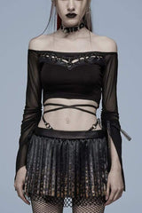 Black Gothic Elasticity Cotton Hollow Buttonhole Strap Design Slash Neck Women's T-Shirt - Black - 1