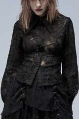Black Lapel Collar Long Puff Sleeves Hollow Embroidery Womens Gothic Blouse - Black - 1