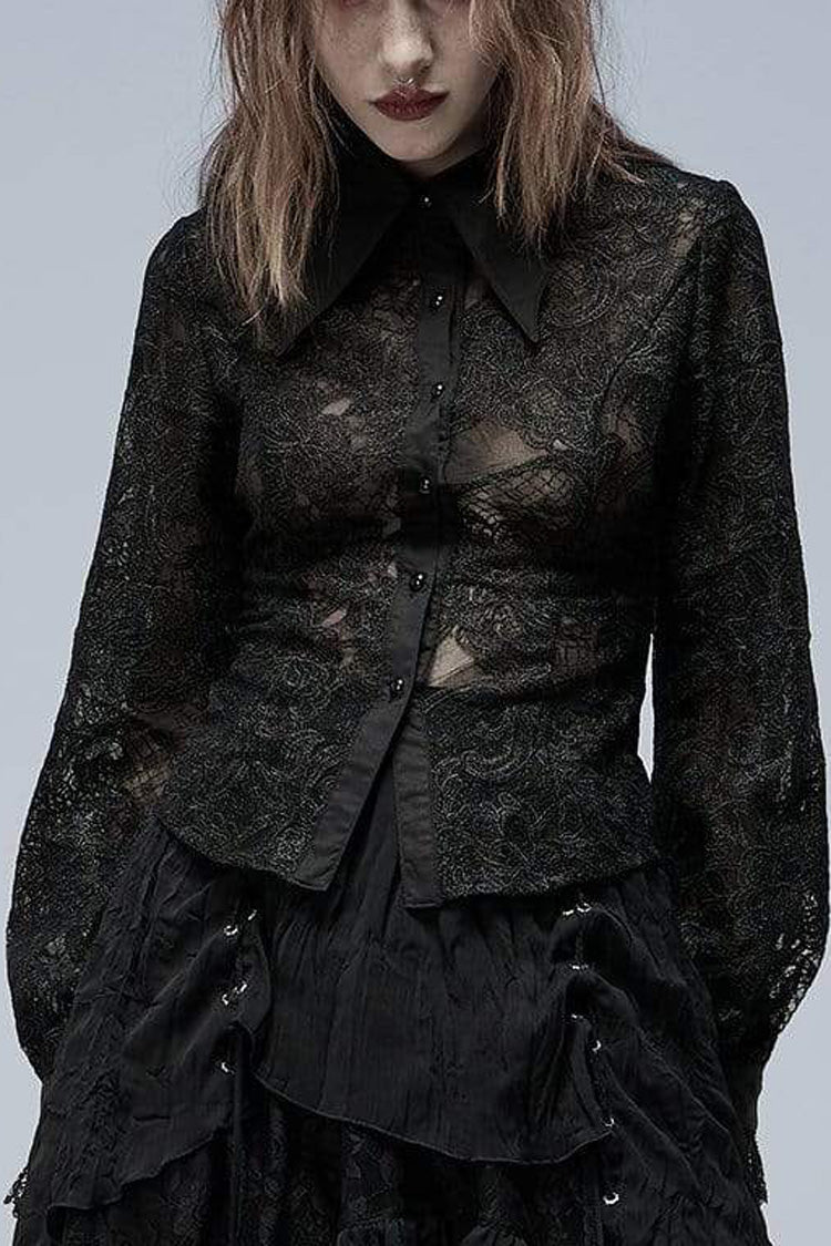 Black Lapel Collar Long Puff Sleeves Hollow Embroidery Womens Gothic Blouse - Black - 1