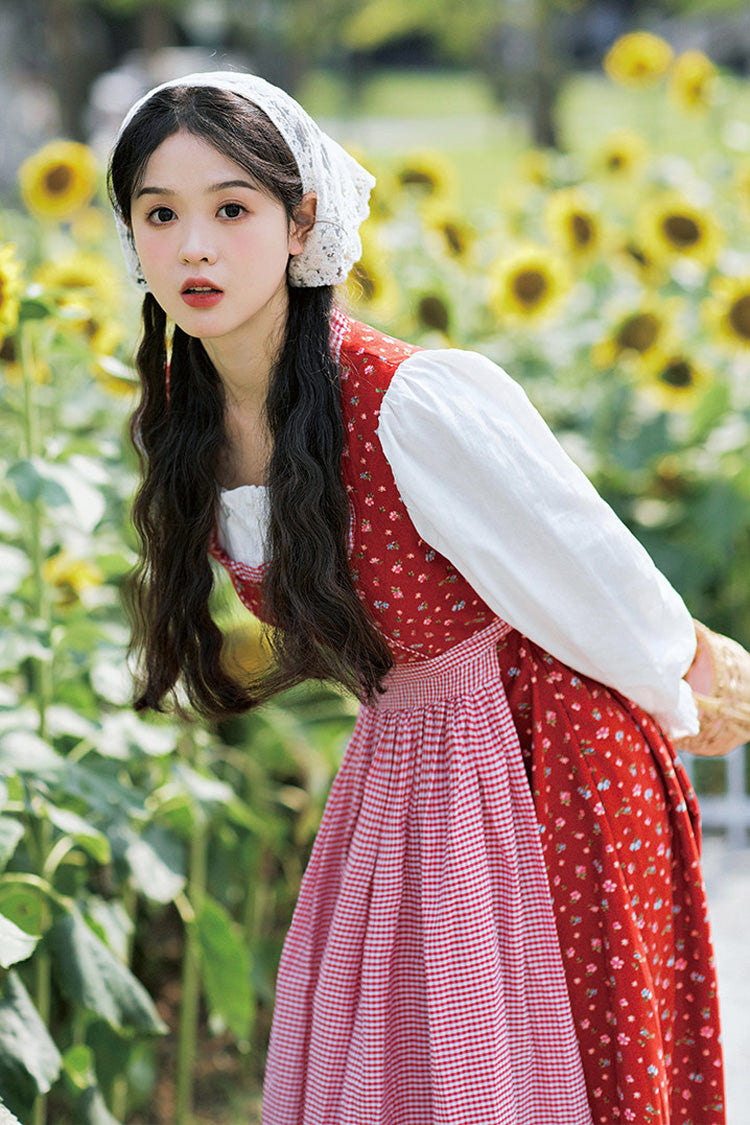 Red French Country Floral Shepherd Square Collar Long Sleeves Printed Ruffled Classic Vintage Lolita Dress - Product - 4