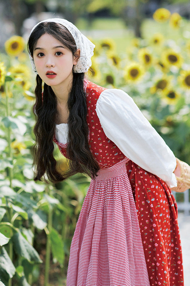 Red French Country Floral Shepherd Square Collar Long Sleeves Printed Ruffled Classic Vintage Lolita Dress - Product - 4