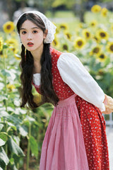 Red French Country Floral Shepherd Square Collar Long Sleeves Printed Ruffled Classic Vintage Lolita Dress - Product - 4