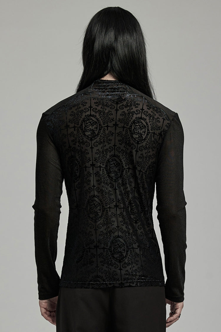 Black Stand Collar Long Sleeves Embroidery Cross Flocking Men's Gothic Blouse - Product - 3