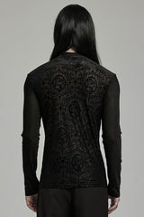 Black Stand Collar Long Sleeves Embroidery Cross Flocking Men's Gothic Blouse - Product - 3