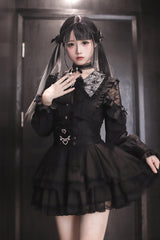 Black [Dreamy Love Ballad] Lapel Collar Long Sleeves Double-Layered Ruffled Cut-Out Bow Gothic Japanese Jirai Kei Skirt Set - Product - 2