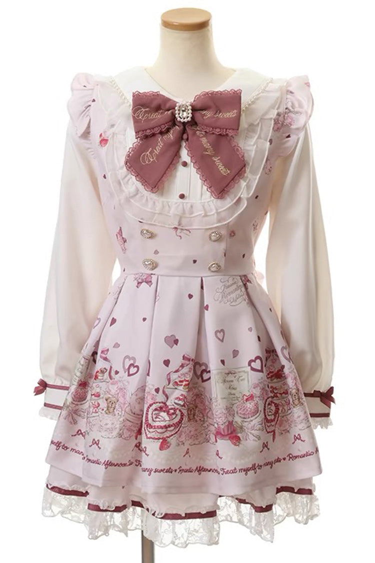 [Afternoon Tea] Long Sleeves Print Ruffle Bowknot Lace Sweet Jirai Kei Plus Size Dress 3 Colors - Pink - 1