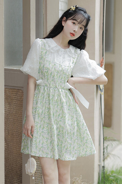 Green Doll Collar Puff Short Sleeve Chiffon Floral Print High Waisted Sweet Lolita Dress - Product - 3