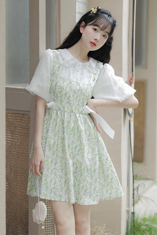 Green Doll Collar Puff Short Sleeve Chiffon Floral Print High Waisted Sweet Lolita Dress - Product - 3