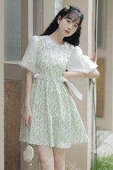 Green Doll Collar Puff Short Sleeve Chiffon Floral Print High Waisted Sweet Lolita Dress - Product - 3