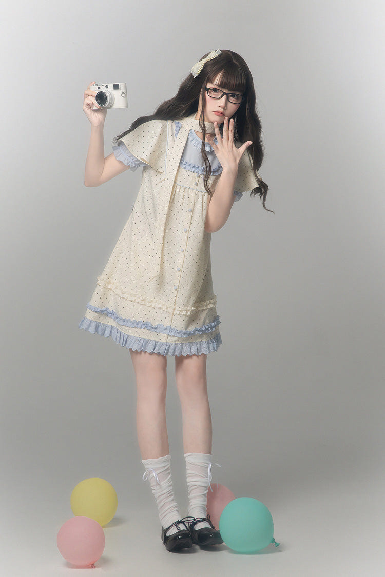 Aqua [Polka Dot Bouclé] Round Collar Long Sleeves Printed Ruffled Faux Two-Piece Sweet Japanese Lolita Dress - Product - 7