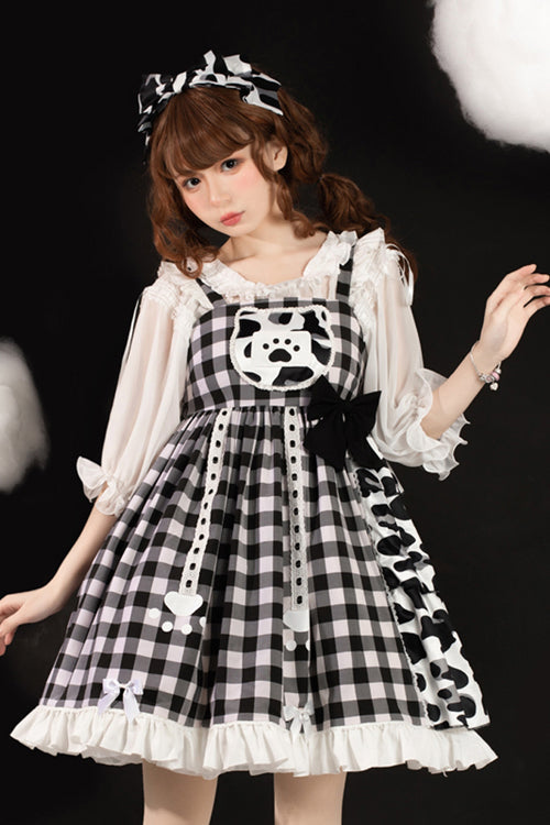 White/Black Milk Cow Plaid Panel Ruffled High Waisted Sweet Lolita JSK Dress - Product - 2