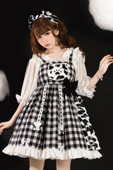 White/Black Milk Cow Plaid Panel Ruffled High Waisted Sweet Lolita JSK Dress - Product - 2