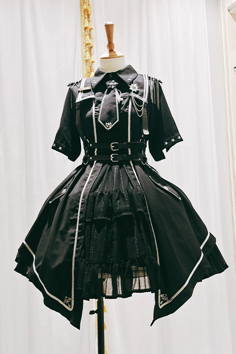 Black [Sunset Universe] Short Sleeves Cardigan Lace Gothic Military Handsome Lolita Dress Full Set - Product - 5