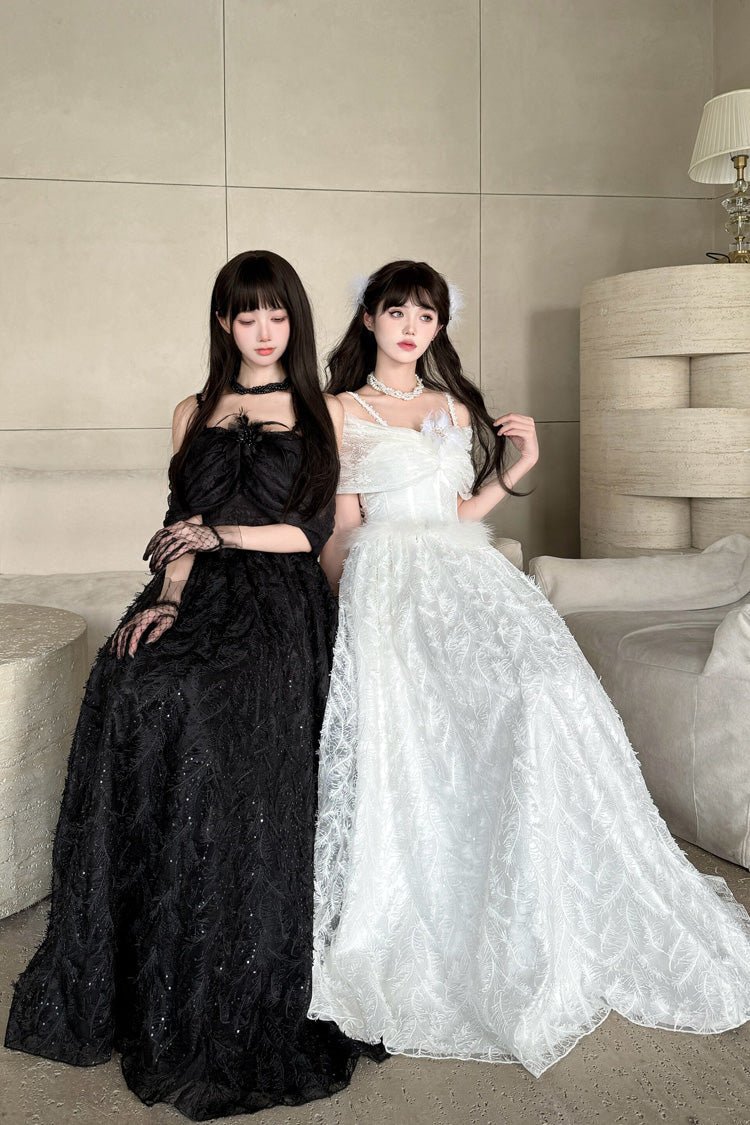 White [Moonlight] Off Shoulder Jacquard Embroidered Bow Gothic Lolita Jsk Dress - Product - 6