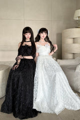 White [Moonlight] Off Shoulder Jacquard Embroidered Bow Gothic Lolita Jsk Dress - Product - 6