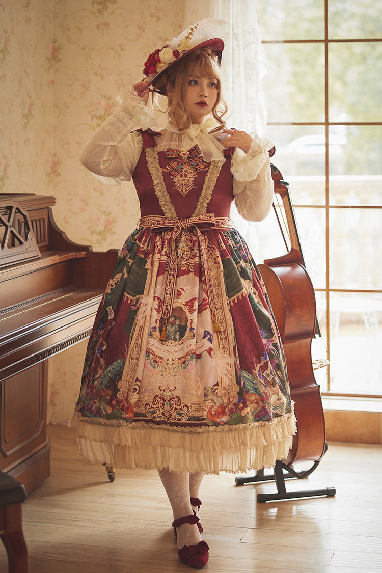 Red [Kaleidoscope of Dreams] Sleeveless Double-Layered Print Embroidery Bowknot Classic Vintage Gorgeous Lolita Jsk Dress - Product - 16