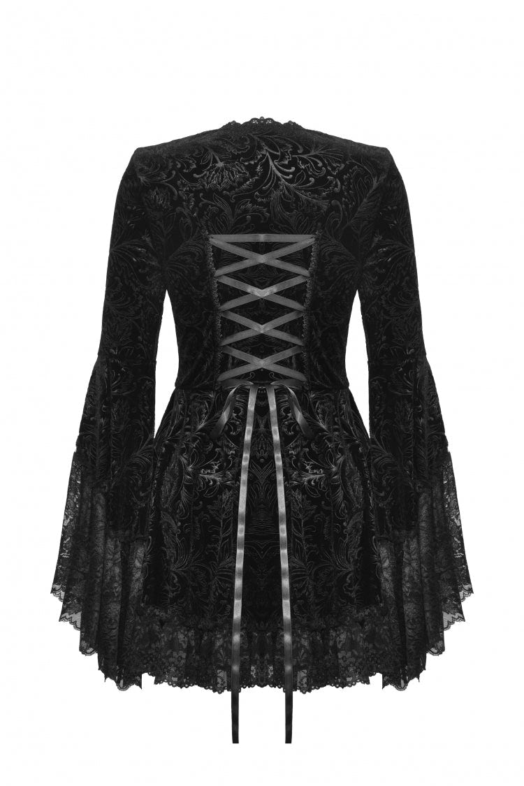 Black Square Collar Long Flared Sleeves Multi-Layered Lace Trim Lace-Up Women's Gothic Velvet Dress - Product - 17
