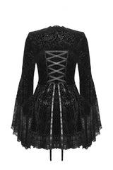 Black Square Collar Long Flared Sleeves Multi-Layered Lace Trim Lace-Up Women's Gothic Velvet Dress - Product - 17