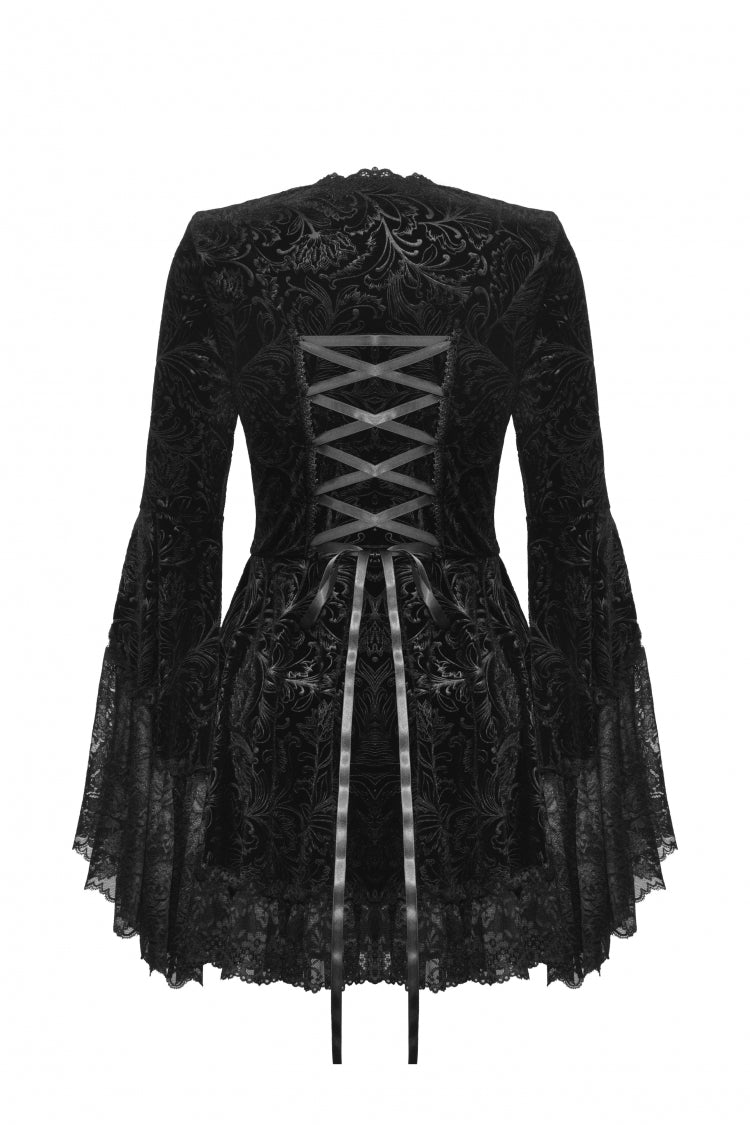 Black Square Collar Long Flared Sleeves Multi-Layered Lace Trim Lace-Up Women's Gothic Velvet Dress - Product - 17