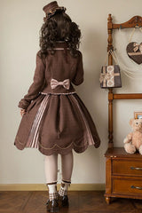 Brown [Teddy Chocolate Bar] Printed Embroidered Bow Lace-Up Classic Lolita Jsk Dress and Skirt - Product - 5