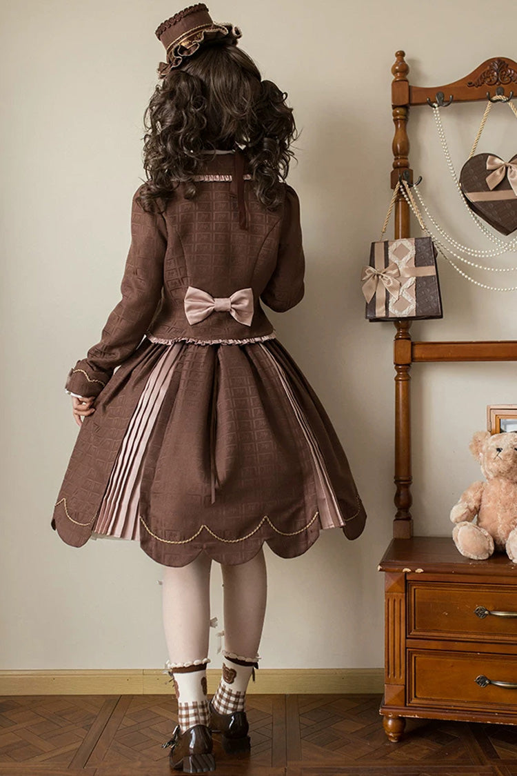 Brown [Teddy Chocolate Bar] Printed Embroidered Bow Lace-Up Classic Lolita Jsk Dress and Skirt - Product - 5