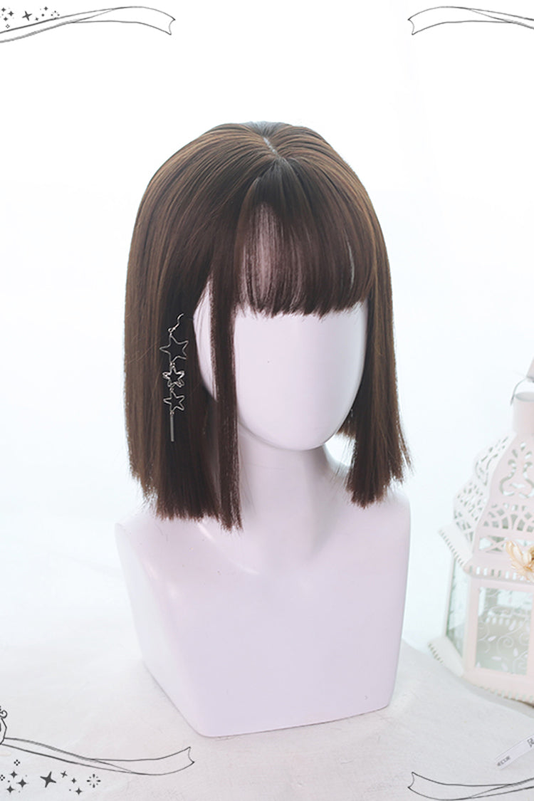 Natural Medium Short Straight Hair Gothic Lolita Wigs - Brown - 1