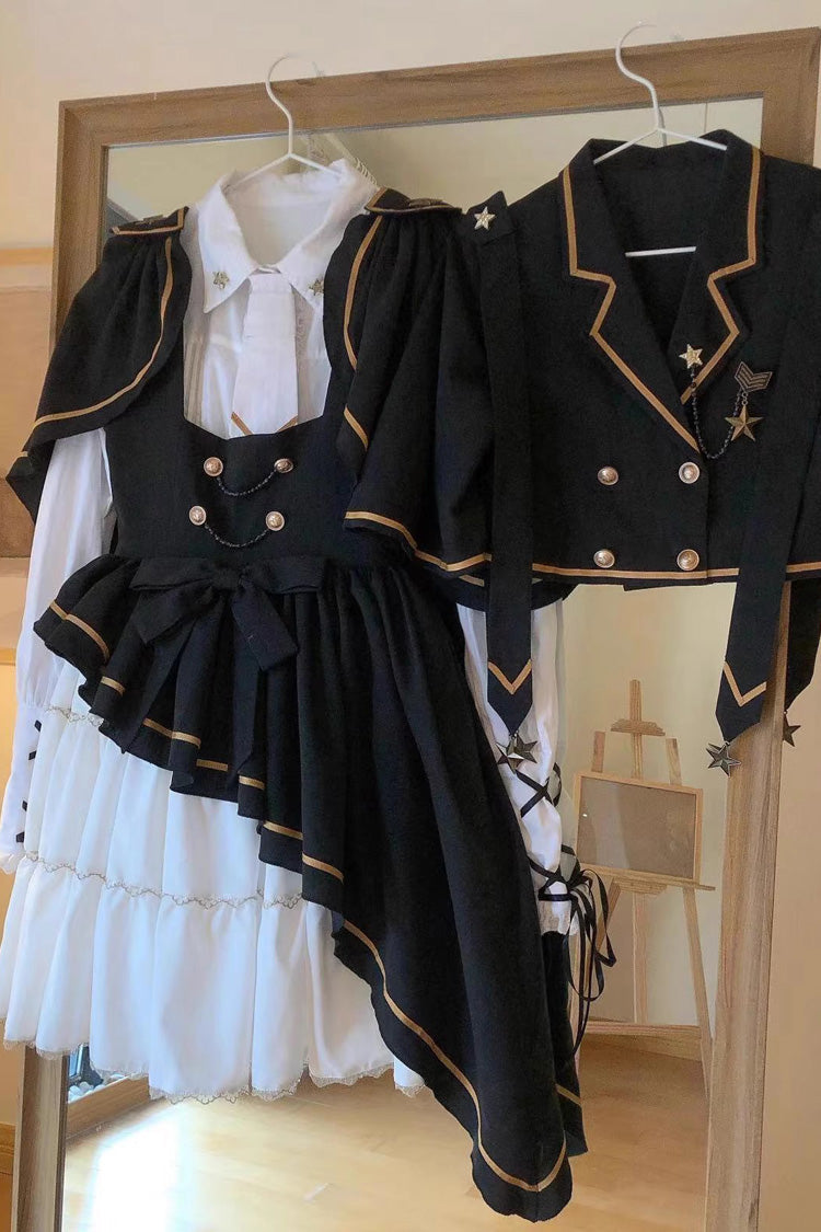 Black/White [Commander] Long Sleeves Ruffle Bowknot Irregular Sweet Lolita Dress Coat Cloak Set - Product - 5