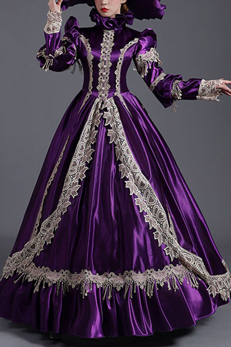 Purple Long Sleeves High Collar High Waisted Cardigan Ruffled Victorian Lolita Prom Dress - Purple - 1