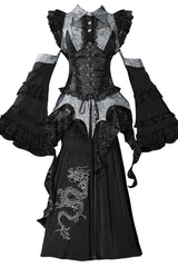 [Sky Dragon] Round Collar Printed Embroidered Lace-Up Gothic Chinese Style Lolita Skirt Set 2 Colors - Product - 14