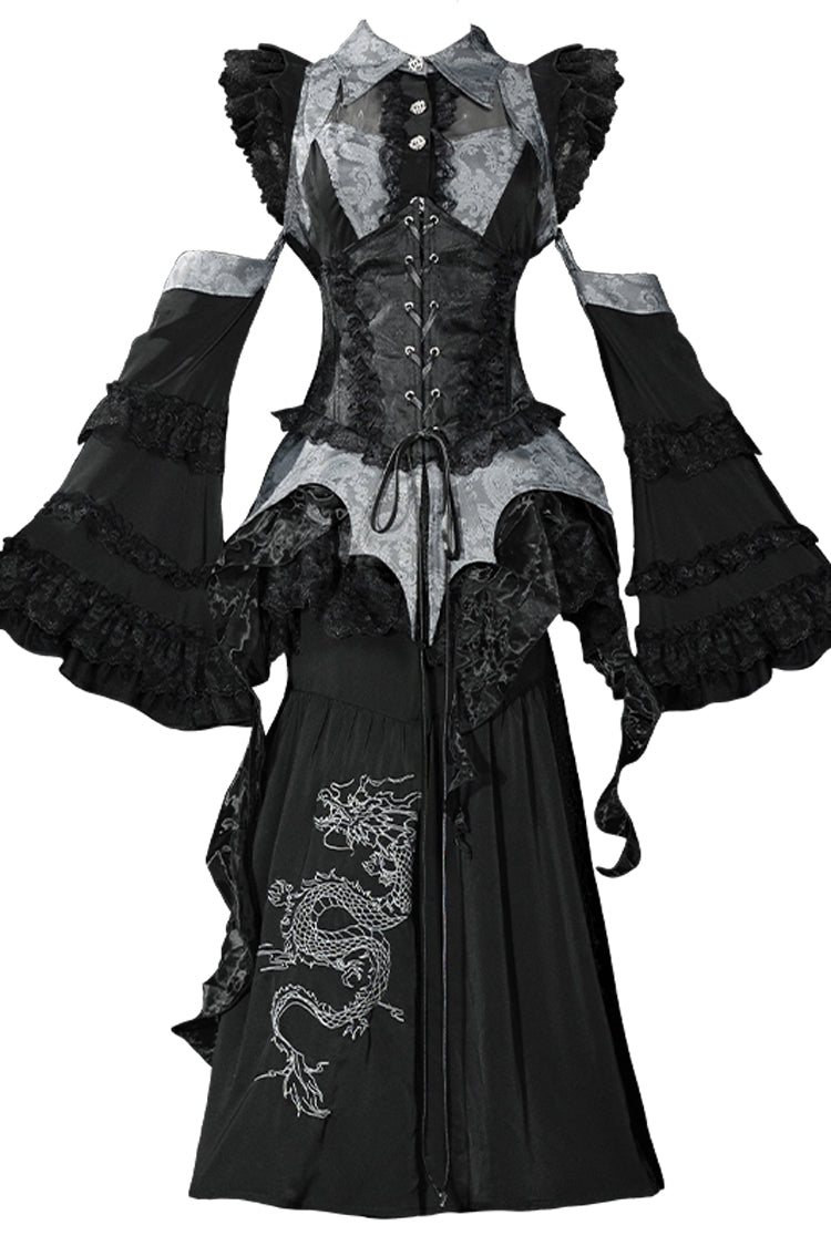 [Sky Dragon] Round Collar Printed Embroidered Lace-Up Gothic Chinese Style Lolita Skirt Set 2 Colors - Product - 14