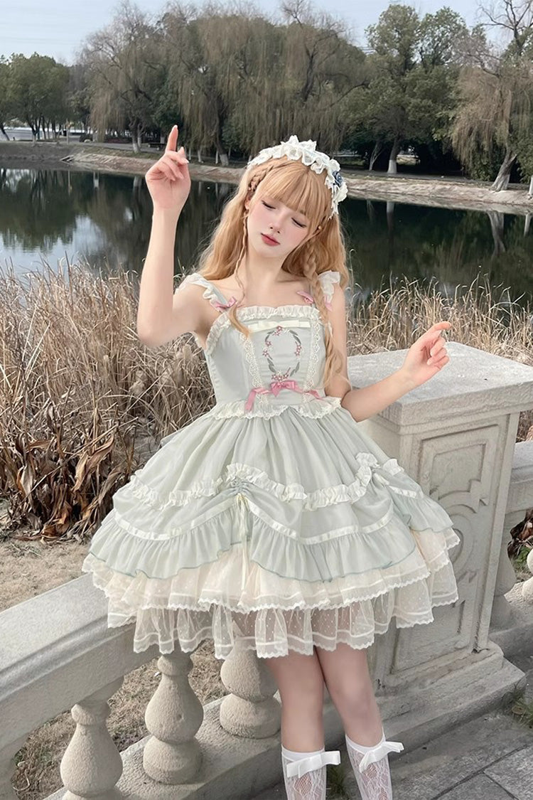 Green Floating Light Dance Multi-layer Ruffle Embroidery Bowknot Lace Sweet Lolita Jsk Dress - Product - 4