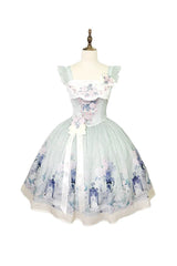 [Morning Dew Rose] Square Collar Flutter Sleeves Printed Embroidered Bow Sweet Chinese Inspired Lolita Jsk Dress 2 Colors (Blue, Green) - Green - 13