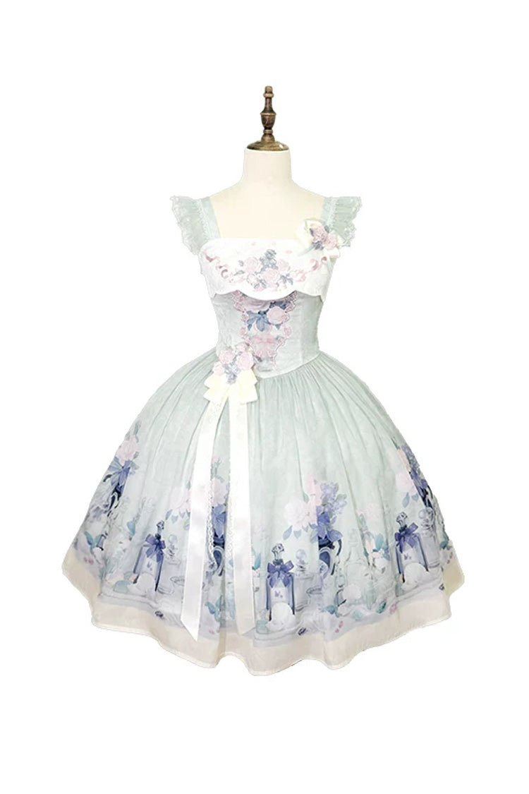 [Morning Dew Rose] Square Collar Flutter Sleeves Printed Embroidered Bow Sweet Chinese Inspired Lolita Jsk Dress 2 Colors (Blue, Green) - Green - 13