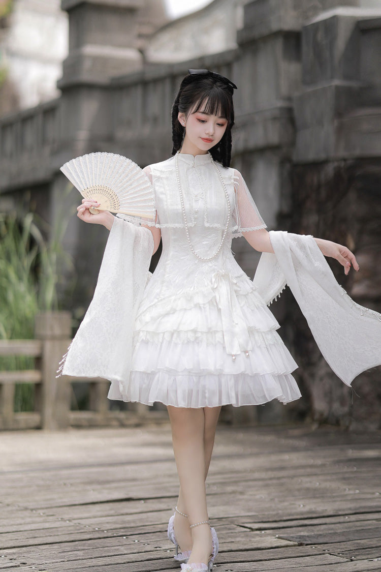 White Stand Collar Ruffle Chinese Qi Shawl Sweet Lolita Dress - Product - 3