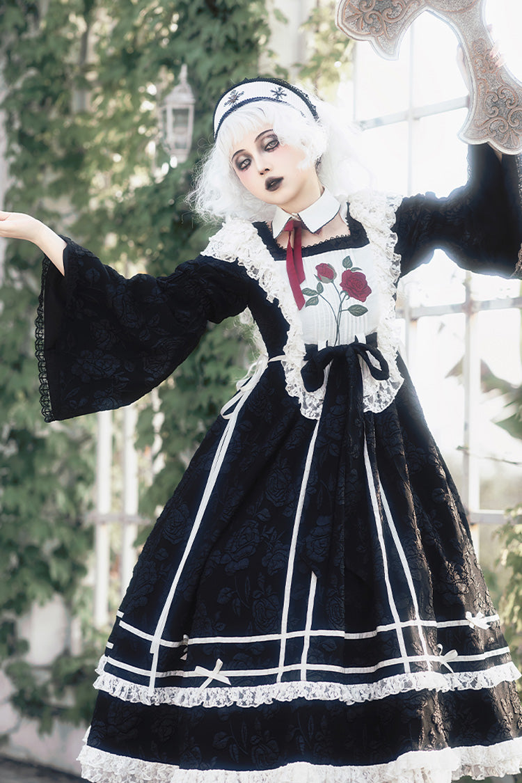 Black [Rose Choir] Double-Layered Ruffle Embroidery Bowknot Lace Gothic Elegant Nun Lolita Dress - Product - 4