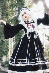 Black [Rose Choir] Double-Layered Ruffle Embroidery Bowknot Lace Gothic Elegant Nun Lolita Dress - Product - 4