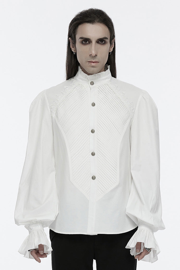 White Stand Collar Long Puff Sleeves Crochet Men's Gothic Blouse - White - 1