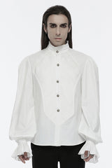 White Stand Collar Long Puff Sleeves Crochet Men's Gothic Blouse - White - 1