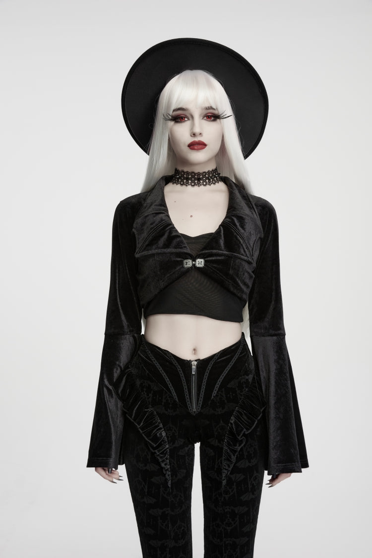Black  Women's Gothic Velvet Bat Wing Collar Flare Sleeve Short Jacket - Product - 4