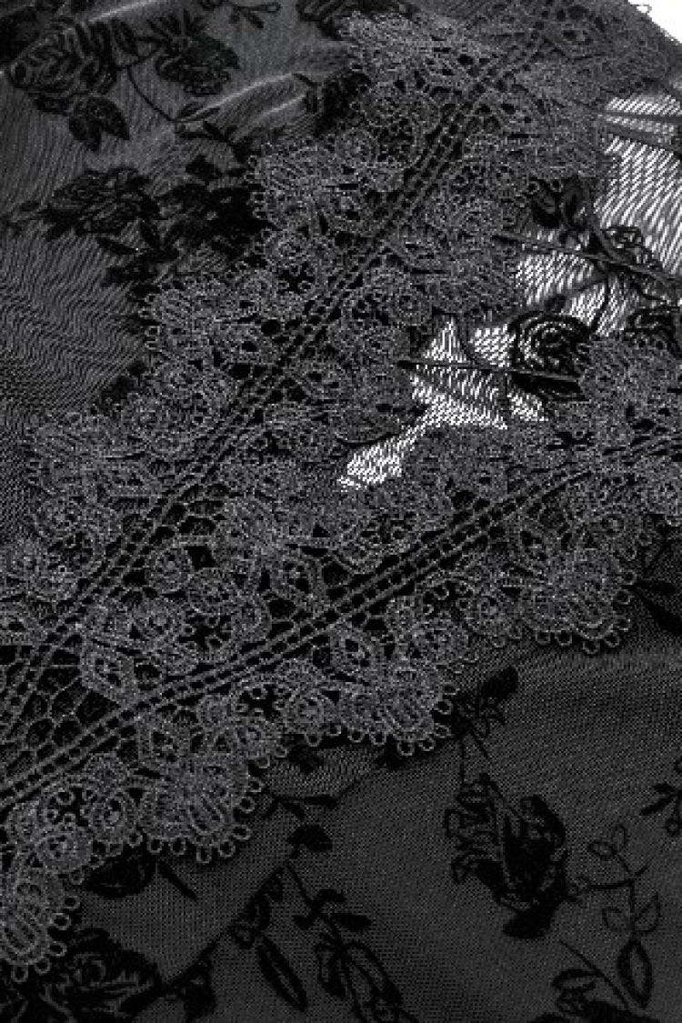 Black Square Collar Long Trumpet Sleeves Mesh Embroidered Lace Lace-Up Women's Gothic Dress - Product - 13