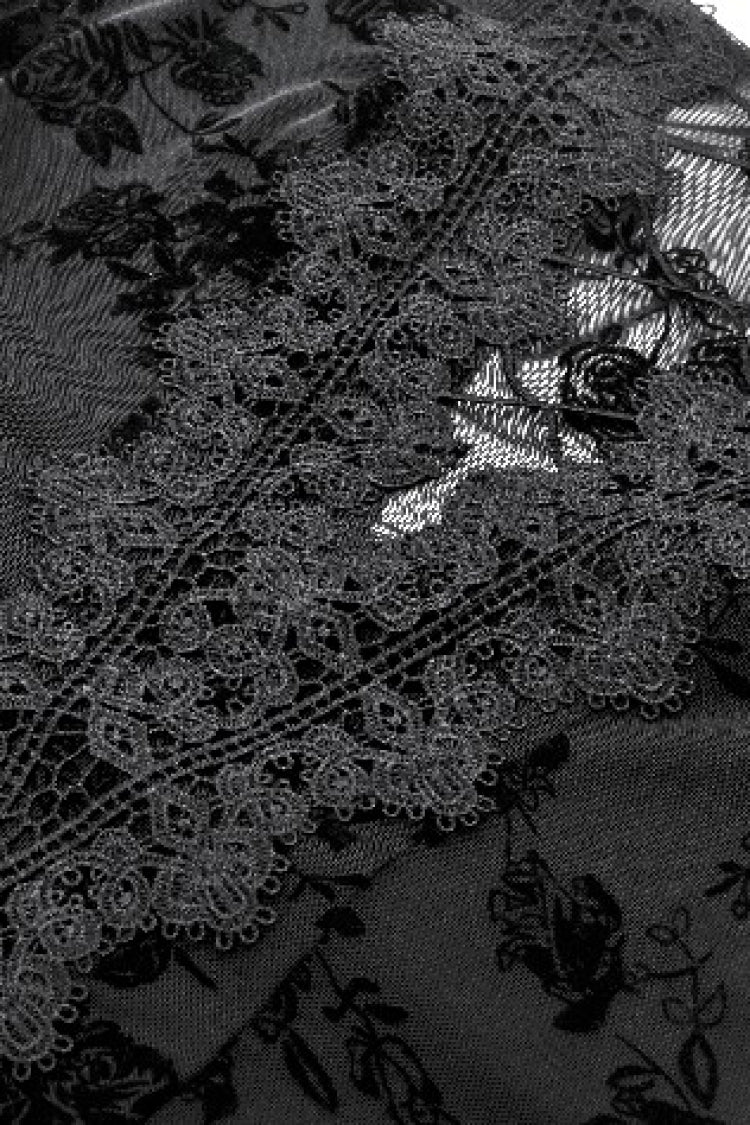 Black Square Collar Long Trumpet Sleeves Mesh Embroidered Lace Lace-Up Women's Gothic Dress - Product - 13
