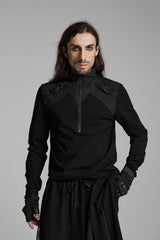 Black Stand Collar Long Sleeves Techwear Bucket-up Zip Men's Punk T-Shirt - Product - 3
