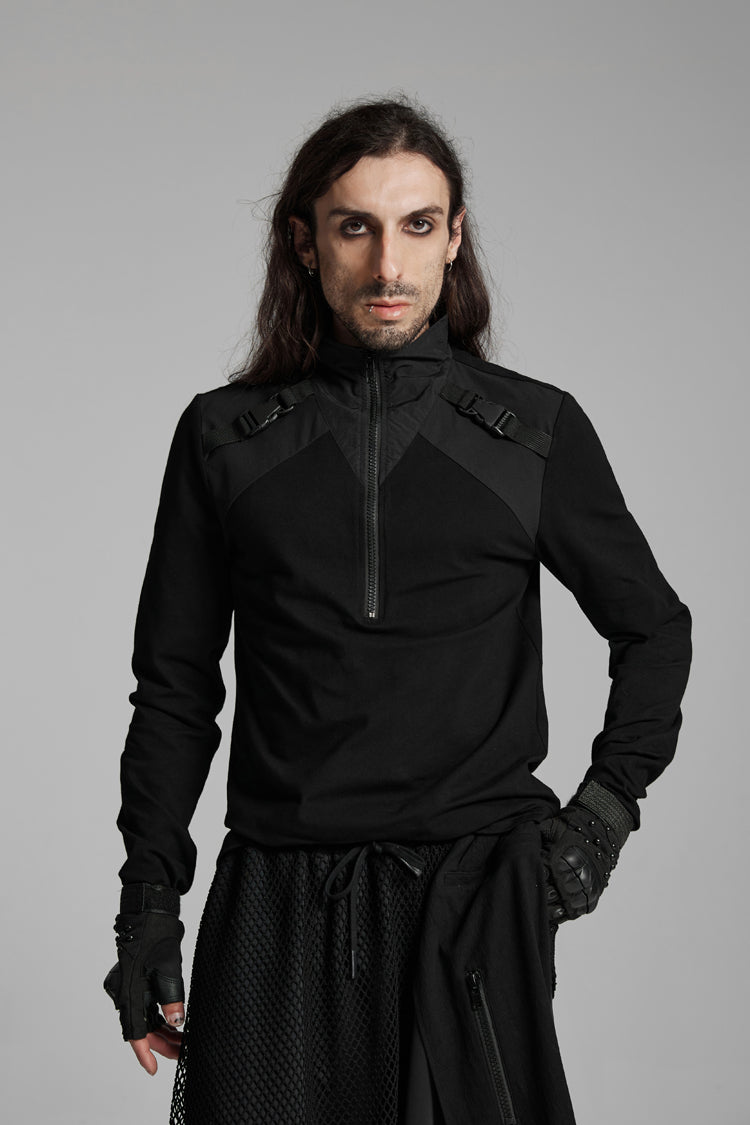 Black Stand Collar Long Sleeves Techwear Bucket-up Zip Men's Punk T-Shirt - Product - 3
