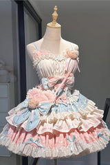 Blue/Pink [First Love Bear] Multi-Layered Ruffle Bowknot Lace Sweet Lolita Jsk Dress - Blue/Pink - 1